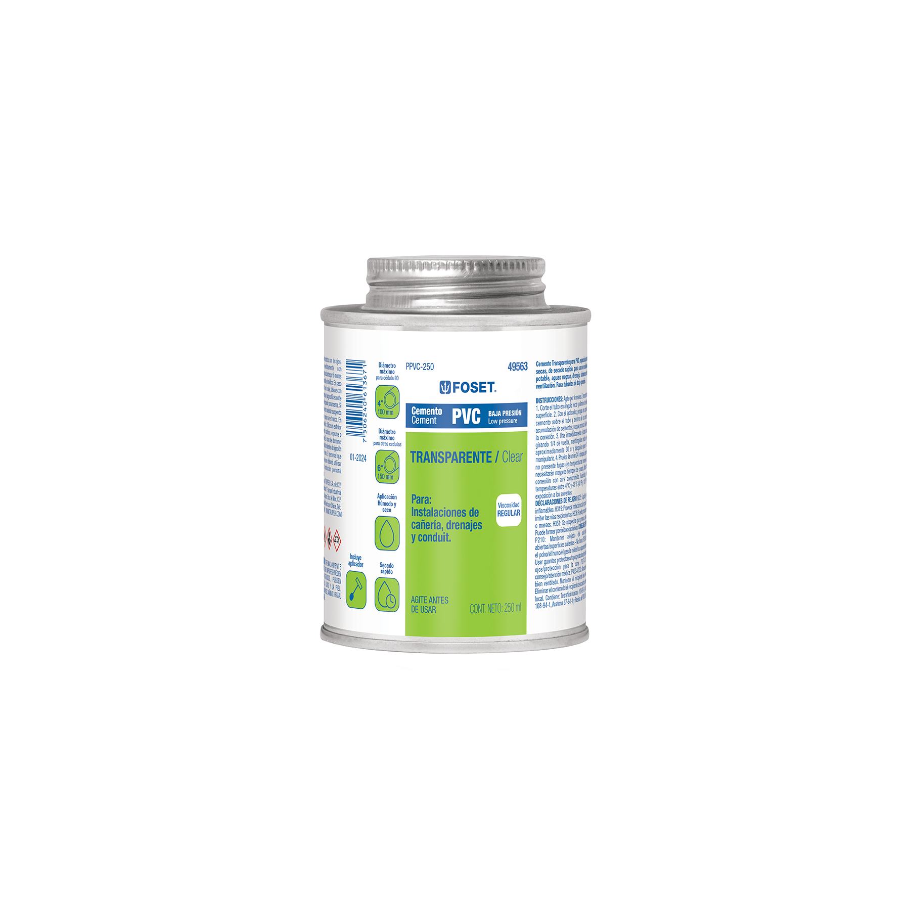 CEMENTO PARA PVC EN BOTE DE 250 ML, BAJA PRESIÓN, FOSET