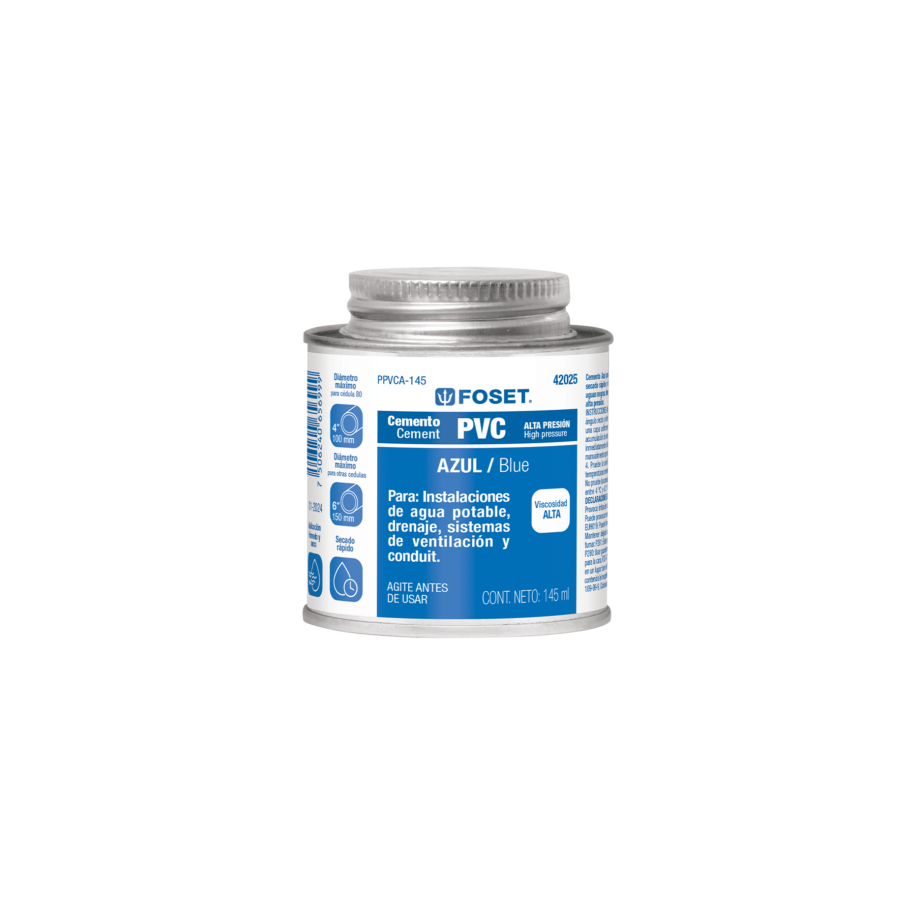 CEMENTO AZUL PARA PVC EN BOTE DE 145 ML, ALTA PRESIÓN, FOSET
