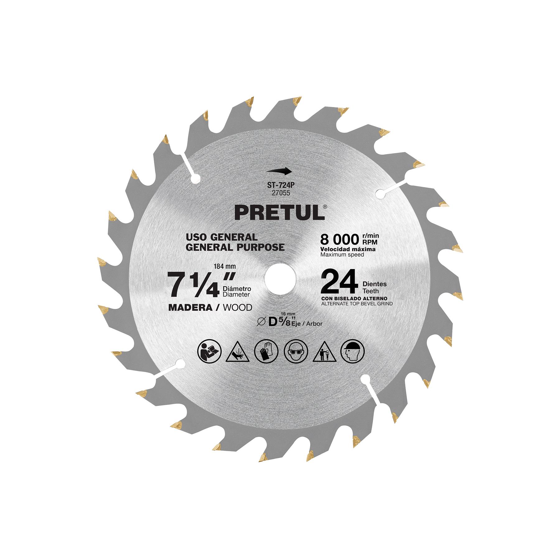 DISCO SIERRA 7-1/4' P/MADERA, 24 DIENTES CENTRO 5/8', PRETUL