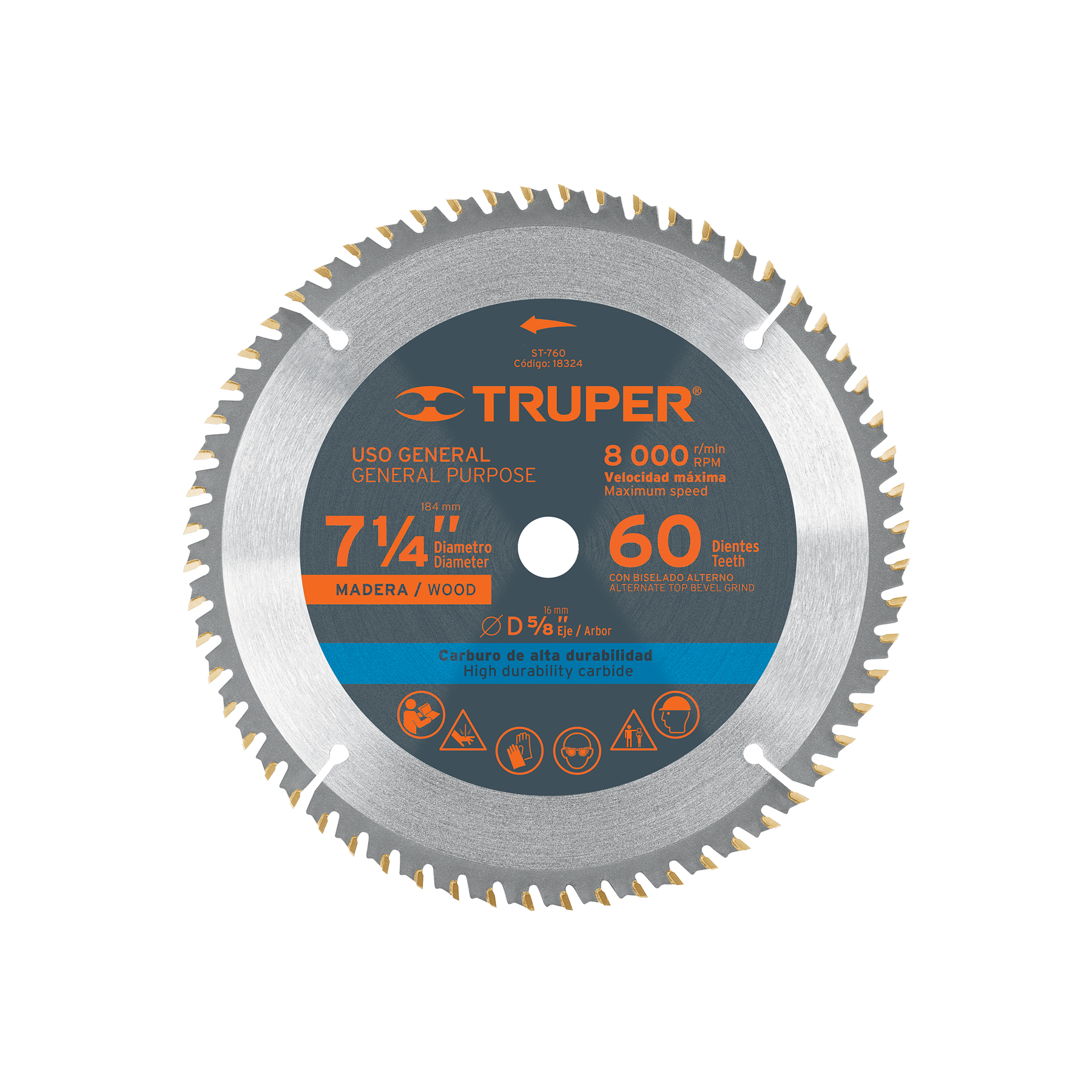 DISCO SIERRA 7- 1/4' PARA MADERA, 60 DIENTES CENTRO 5/8'