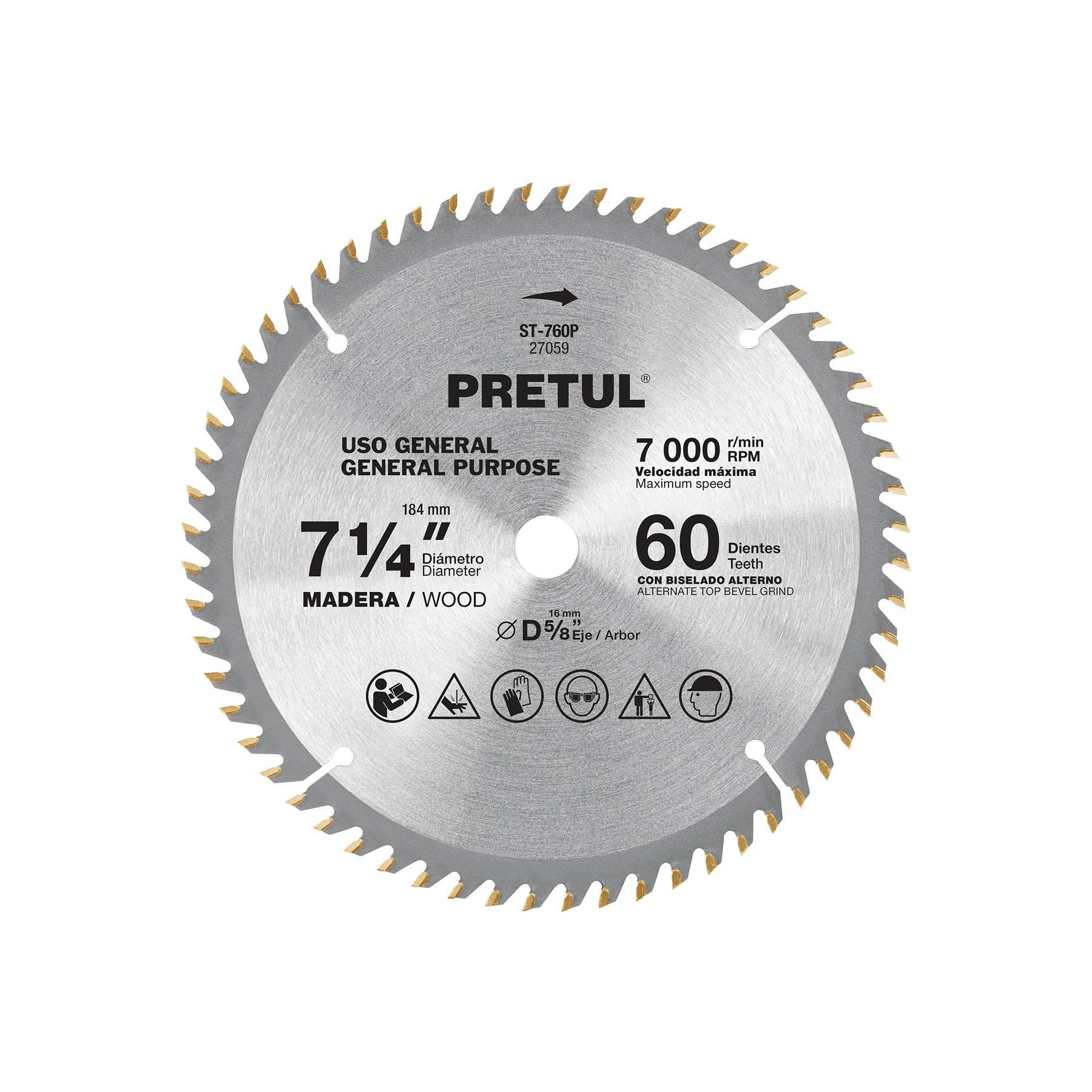 DISCO SIERRA 7-1/4' P/MADERA, 60 DIENTES CENTRO 5/8', PRETUL