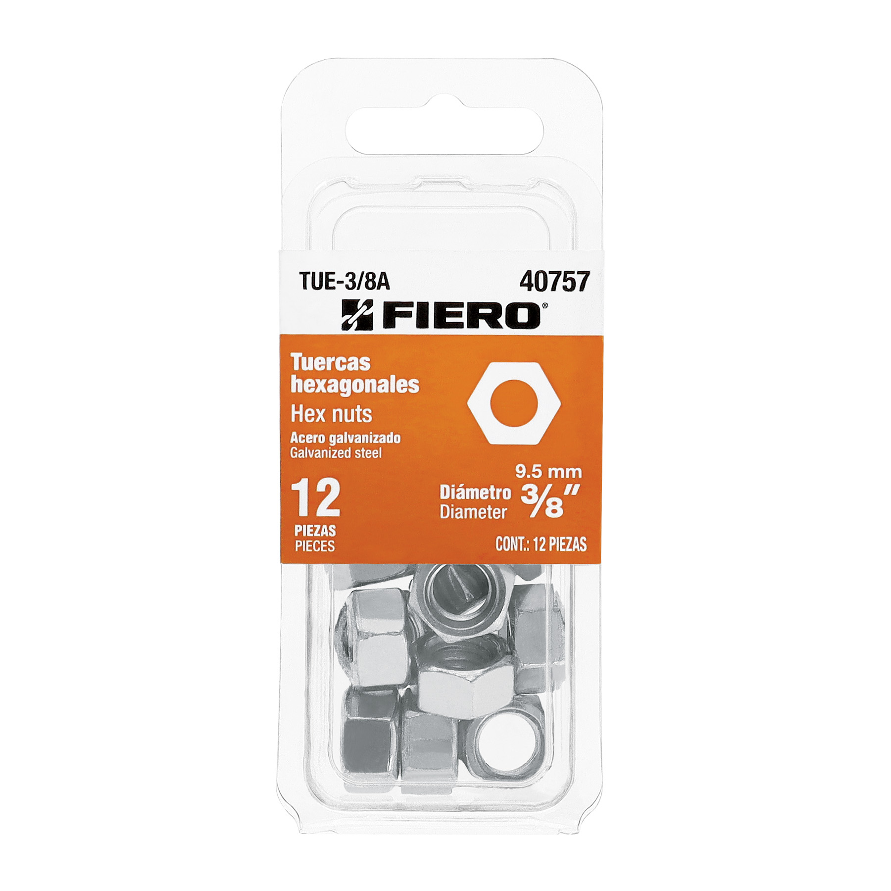 "BLÍSTER, 12 TUERCAS 3/8"" HEX ACERO GALV"